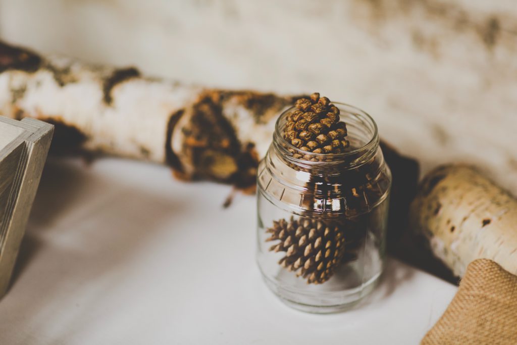 Glass jar containing three fir cones