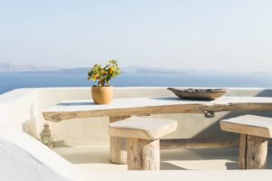 wooden table next to the sea