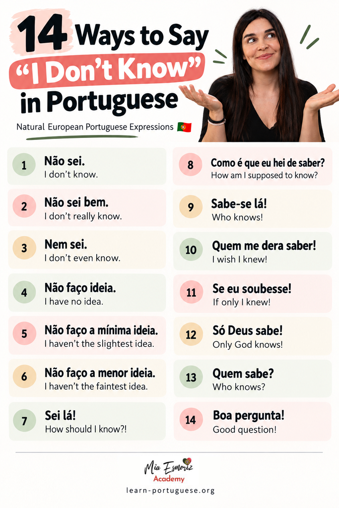 Infographic showing 14 ways to say I don't know in Portuguese from Portugal, with English translations