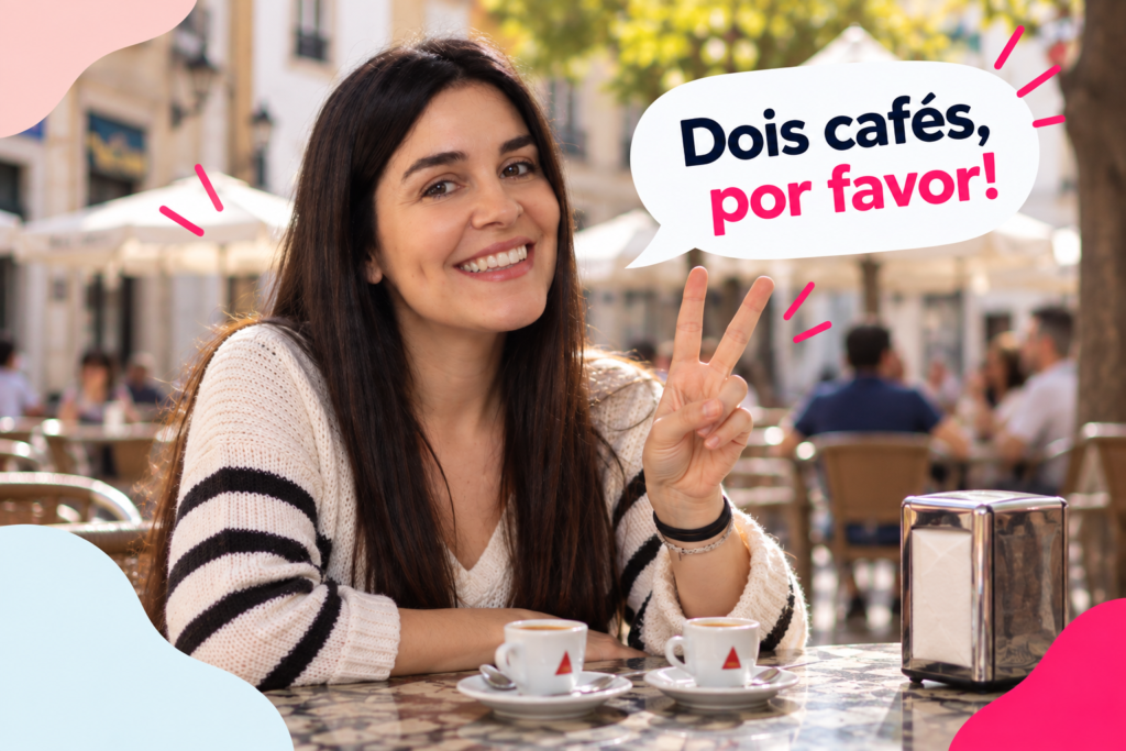 Alt text: Ordering two coffees using a hand gesture in a Portuguese café
